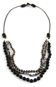 Crystals and Semi Precious Stone Hand Knotted Short Necklace on Genuine Leather -Layers Collection- N4-011