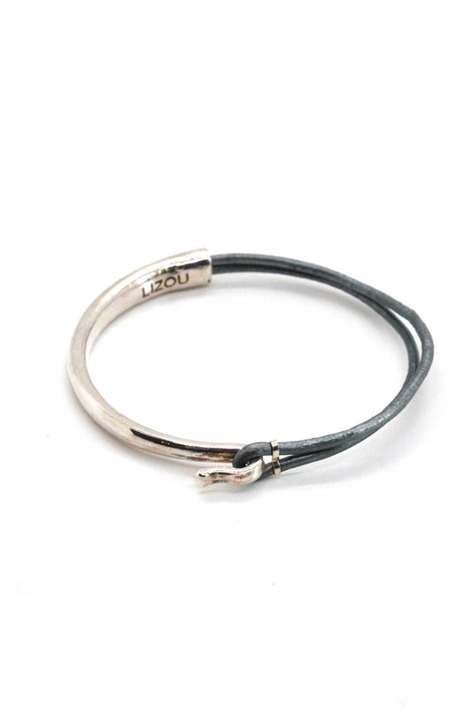 Dark Grey Leather + Sterling Silver Plate Bangle Bracelet