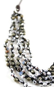 Pyrite and Mirror Dipped Crystals Hand Knotted Short Necklace on Genuine Leather -Layers Collection- N4-010