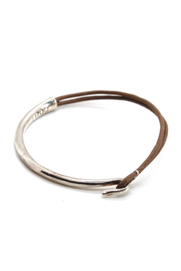 Taupe Leather + Sterling Silver Plate Bangle Bracelet