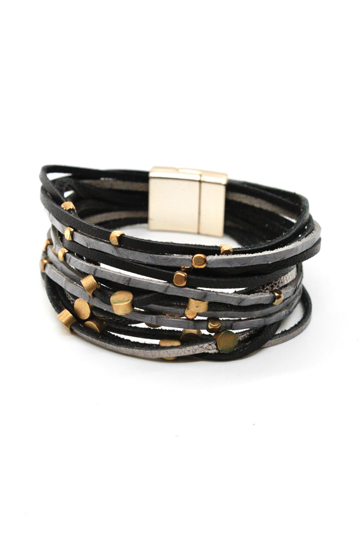 Grey Brass Nugget Leather Bracelet  -French Flair Collection- B1-2078