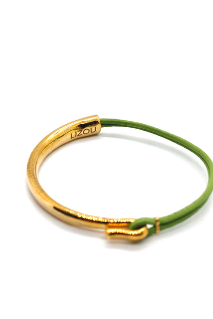 Light Green Leather + 24K Gold Plate Bangle Bracelet