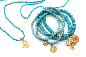 Short Faceted Turquoise Necklace or Wrap Bracelet with Tiny Gold French Religious Medal -French Medals Collection- N6-012