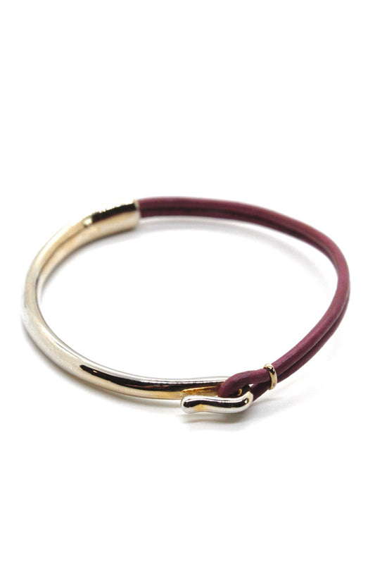 Flower Pink Leather + Sterling Silver Plate Bangle Bracelet
