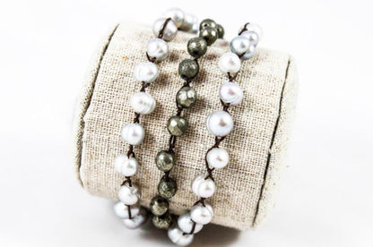 Hand Knotted Convertible Crochet Bracelet, Necklace, or Headband, Freshwater Pearls and Pyrite - WR-047