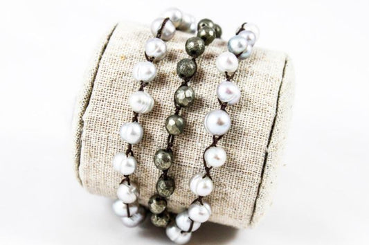 Hand Knotted Convertible Crochet Bracelet, Necklace, or Headband, Freshwater Pearls and Pyrite - WR-047