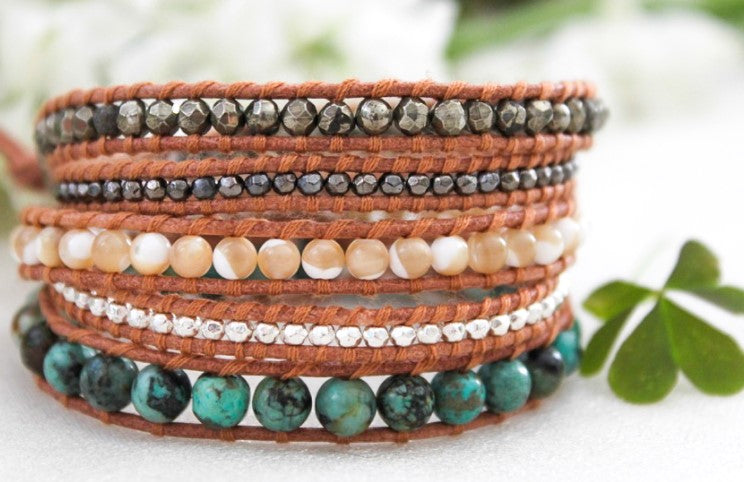 Clover - African Turquoise Mix Leather Wrap Bracelet
