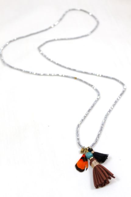 Long Crystal Necklace with Mini Tassel and Feather -The Classics Collection- N2-763