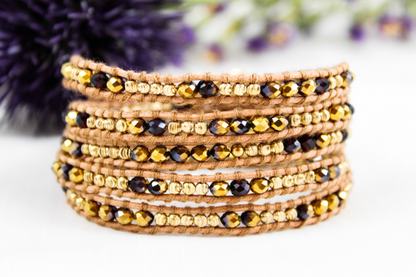 Holiday - Gold and Deep Red Leather Wrap Bracelet