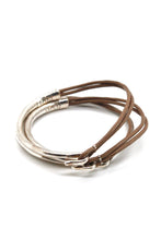 Load image into Gallery viewer, Taupe Leather + Sterling Silver Plate Bangle Bracelet
