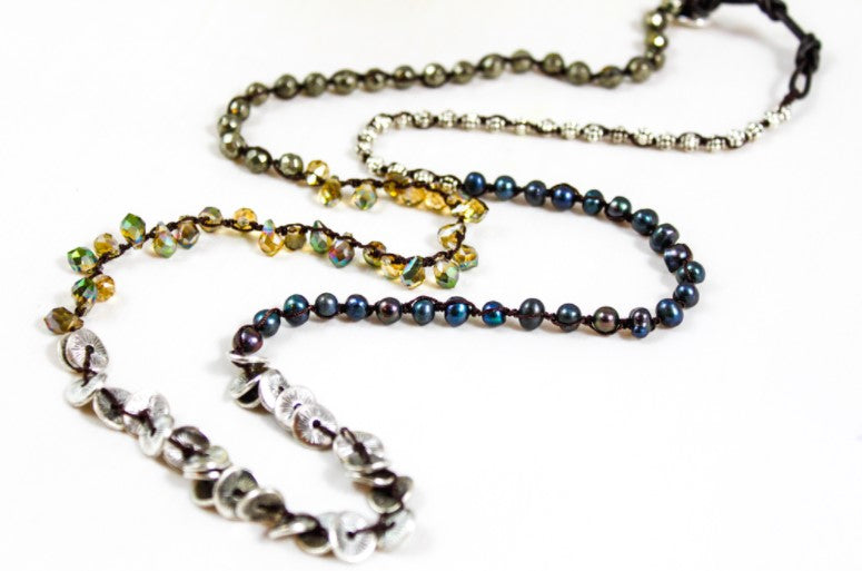 Hand Knotted Convertible Crochet Bracelet or Necklace, Crystals and Stones Mix - WR-099