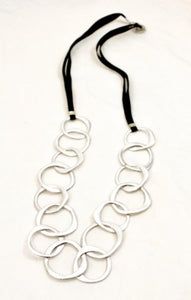 Silver Chain Link and Leather Long Necklace -The Classics Collection- N2-945