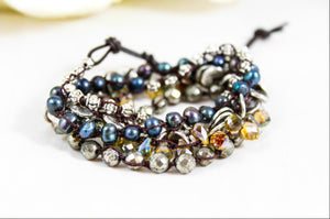 Hand Knotted Convertible Crochet Bracelet or Necklace, Crystals and Stones Mix - WR-099