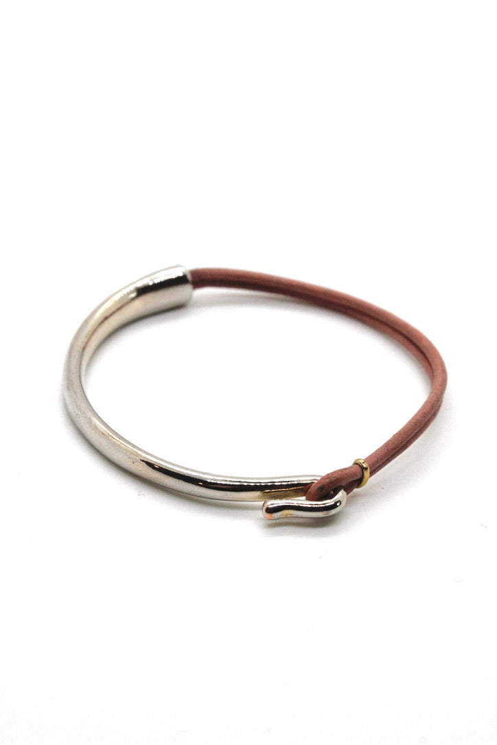 Pastel Pink Leather + Sterling Silver Plate Bangle Bracelet