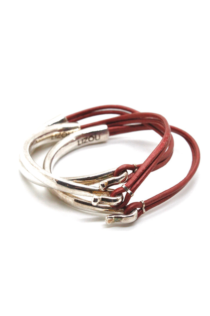 Brick Leather + Sterling Silver Plate Bangle Bracelet