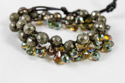 Hand Knotted Convertible Crochet Bracelet, Necklace, or Headband, Crystals and Pyrite - WR-051