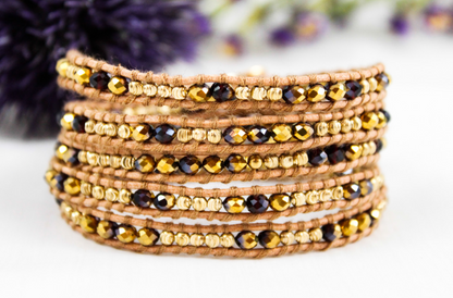 Holiday - Gold and Deep Red Leather Wrap Bracelet