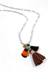 Long Crystal Necklace with Mini Tassel and Feather -The Classics Collection- N2-763