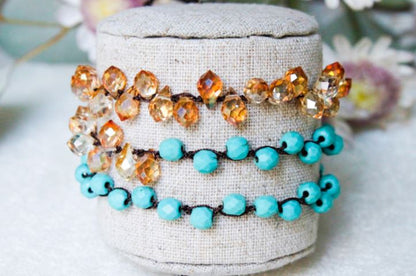 Hand Knotted Convertible Crochet Bracelet, Necklace, or Headband, Turquoise and Crystals - WR-030