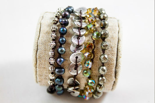 Hand Knotted Convertible Crochet Bracelet or Necklace, Crystals and Stones Mix - WR-099