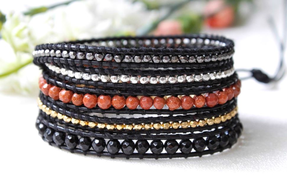 Stone - Copper Brown and Black Stone Mix Leather Wrap Bracelet