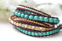 Load image into Gallery viewer, Eclipse - Turquoise and Mother of Pearl Mix Leather Wrap
