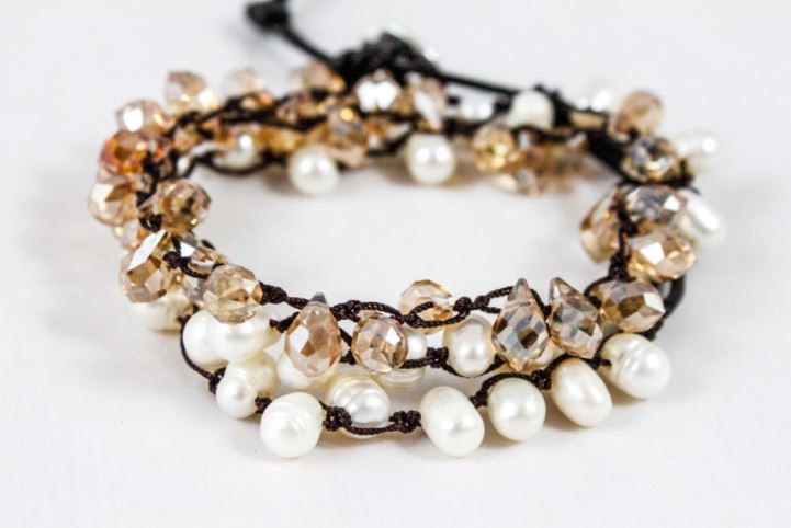 Hand Knotted Convertible Crochet Bracelet, Necklace, or Headband, Crystals and Freshwater Pearls - WR-037