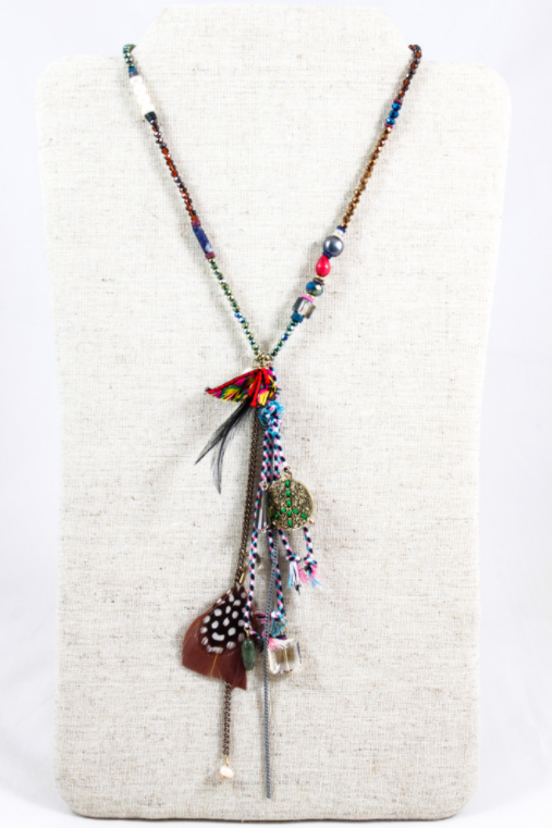 Fun Dangle Necklace with Charms and Feathers -The Classics Collection- N2-609