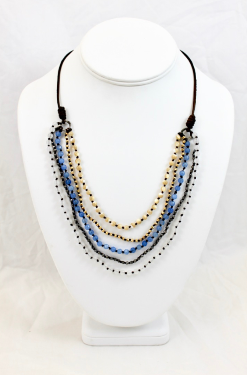 Mother of Pearl and Stone Mix Hand Knotted Short Necklace on Genuine Leather -Layers Collection- NLS-Foam