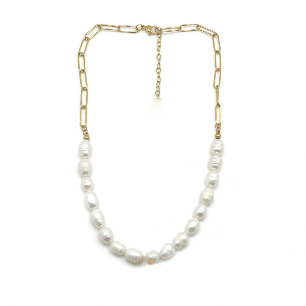 Half and Half Freshwater Pearls and Gold Chain Short Necklace -French Flair Collection- N2-2143