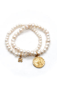 Freshwater Pearl Bracelet With Gold French Religious Medal Charm -French Medals Collection- B6-011