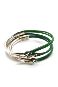 Green Leather + Sterling Silver Plate Bangle Bracelet