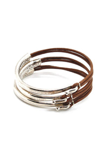 Camel Leather + Sterling Silver Plate Bangle Bracelet