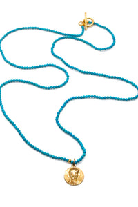 Long Faceted Turquoise Necklace or Wrap Bracelet with Gold French Religious Medal -French Medals Collection- N6-011