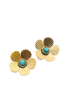Load image into Gallery viewer, Large Turquoise and Gold Flower Stud Earrings -French Flair Collection- E4-120
