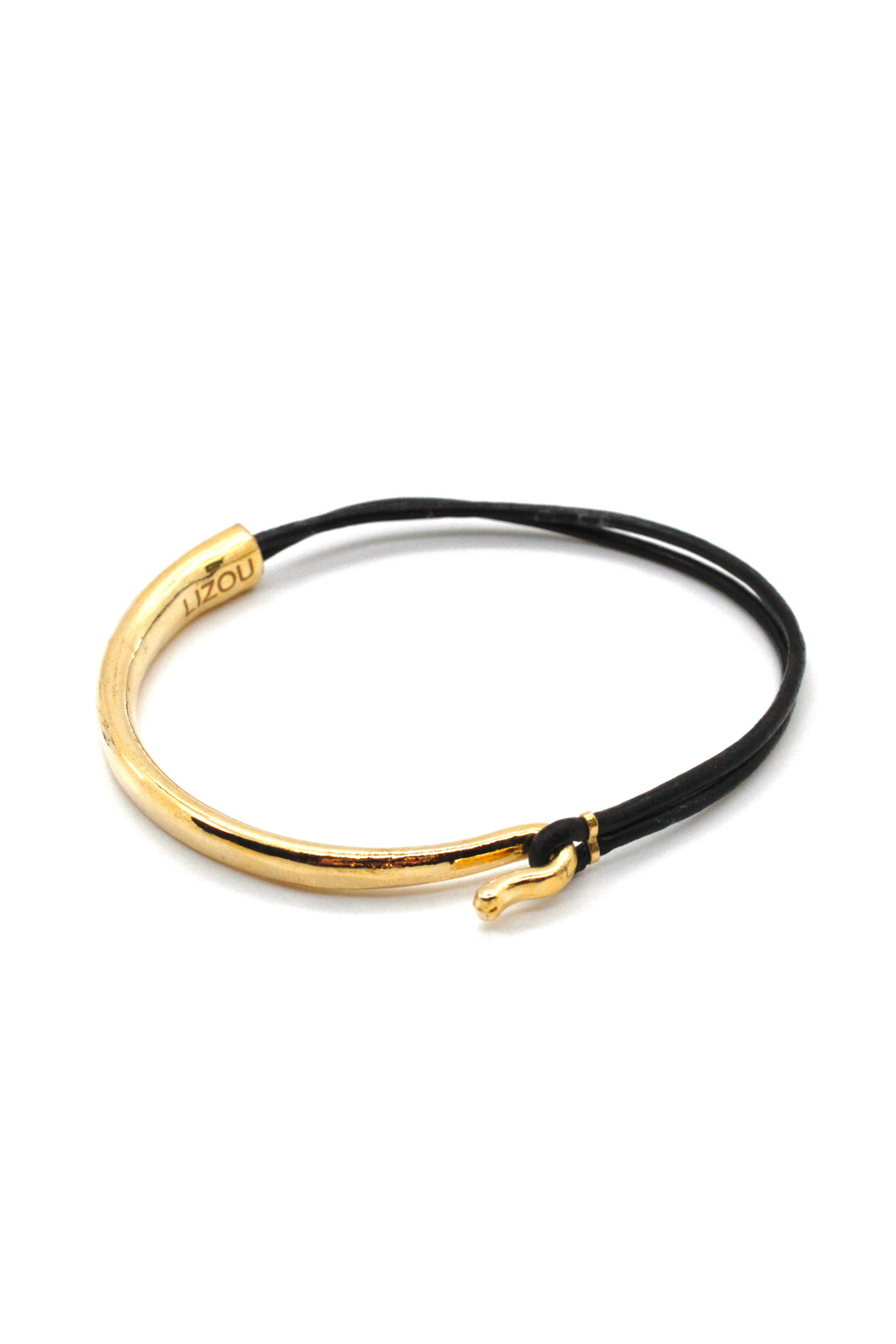 Black Leather + 24K Gold Plate Bangle Bracelet