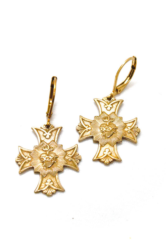 Bronze Cross and Heart French Religious Charm Earrings -French Medal Collection- E6-002
