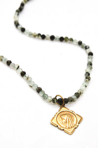 Faceted Prehnite Short Necklace with French Gold Religious Medal -French Medals Collection- N6-004