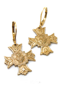 Bronze Cross and Heart French Religious Charm Earrings -French Medal Collection- E6-002