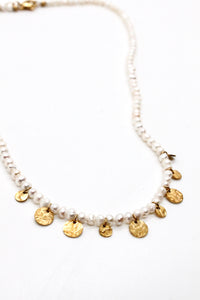 Mini Gold Charm Discs on Freshwater Pearl Short Necklace -French Flair Collection- N2-2096