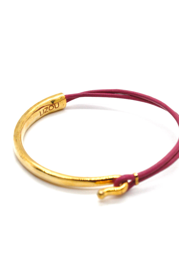Bubble Gum Leather + 24K Gold Plate Bangle Bracelet