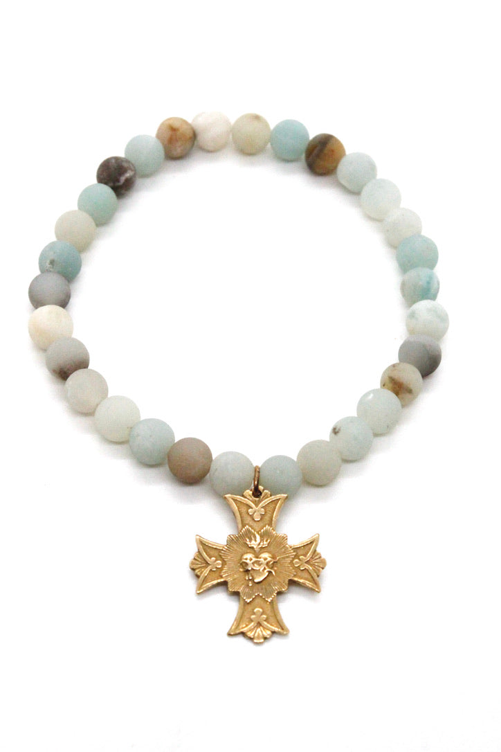 Amazonite Stone Stretch Bracelet with French Gold Religious Cross Heart Charm -French Medals Collection- B6-009
