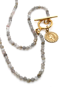 Faceted Labradorite Short Necklace with Delicate Small French Religious Gold Charm -French Medals Collection- N6-021