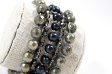 Load image into Gallery viewer, Hand Knotted Convertible Crochet Bracelet or Necklace, Pearls and Pyrite Mix - WR5-Midnight
