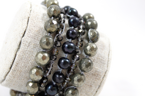 Hand Knotted Convertible Crochet Bracelet or Necklace, Pearls and Pyrite Mix - WR5-Midnight