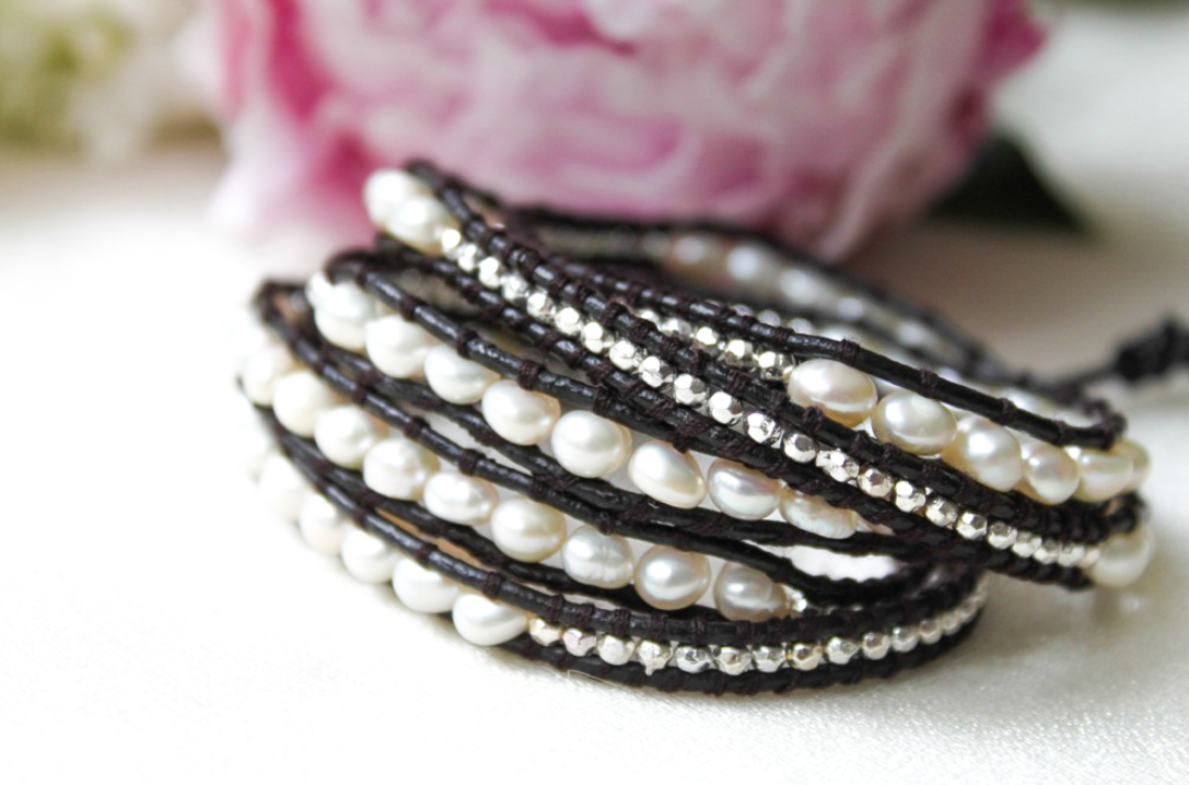 Siberia - White Freshwater Pearl Mix Leather Wrap Bracelet