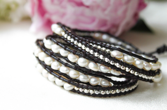 Siberia - White Freshwater Pearl Mix Leather Wrap Bracelet