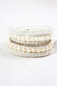 Vail - All White Pearl Mix Leather Wrap Bracelet