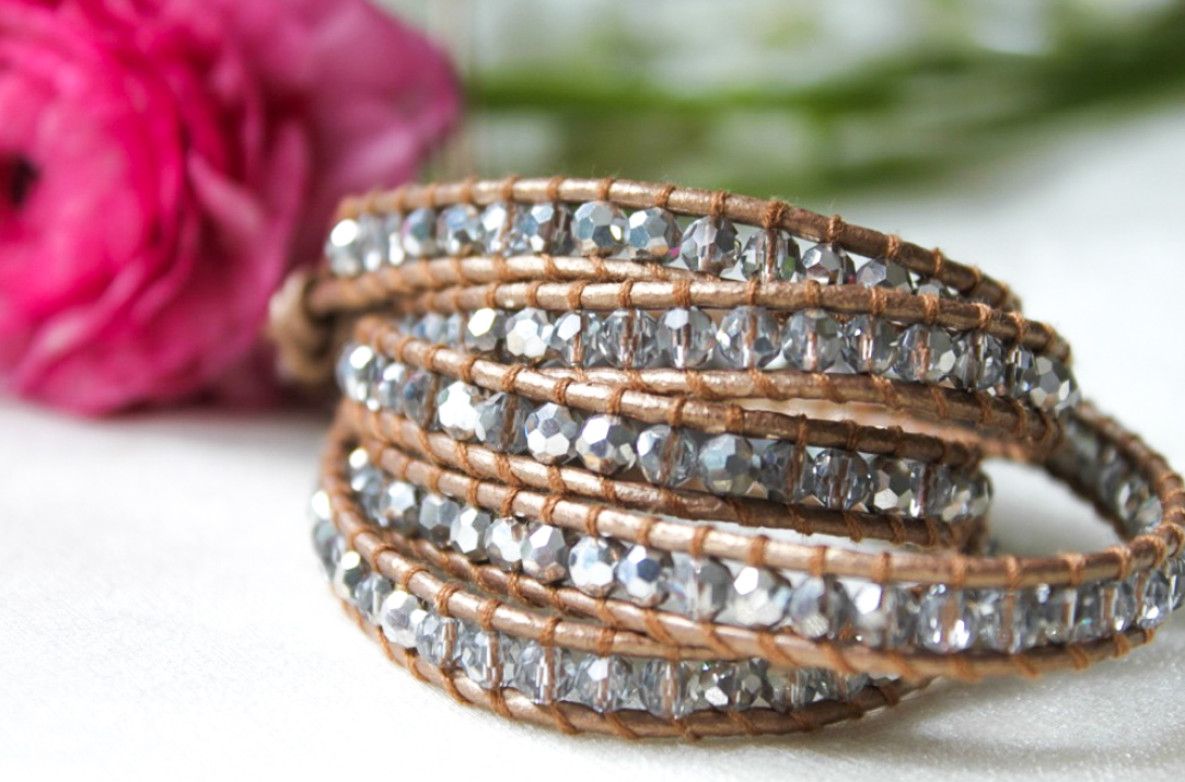 Silver - Crystal and Leather Wrap Bracelet