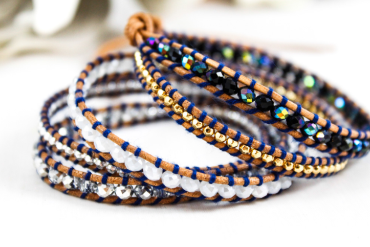 Blizzard - Stone and Crystal Mix Leather Wrap Bracelet